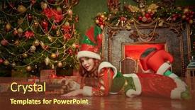  Presentation with christmas elf - Slide deck featuring cheerful-girl-fairytale-elf-plays background and a tawny brown colored foreground