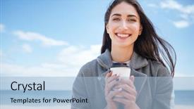  Presentation with close up baby girl knitted - Slides enhanced with cheerful girl holding takeaway cup background and a  colored foreground