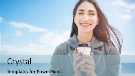  Presentation with cheerful - Cool new PPT theme with cheerful girl holding takeaway cup backdrop and a  colored foreground