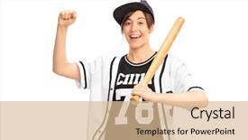  Presentation with cheerful stylish city girl using - Slides enhanced with cheerful girl in a baseball background and a lemonade colored foreground