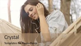  Presentation with cheerful stylish city girl using - Cool new PPT theme with cheerful girl listening to music backdrop and a coral colored foreground