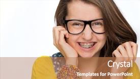  Presentation with geek - Presentation design having cheerful girl with braces wearing background and a coral colored foreground