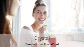  Presentation with straw - Slide set featuring cheerful girl with charming smile drinking cocktail with cream top through plastic straw and listening news of her friend in cafe background and a lemonade colored foreground