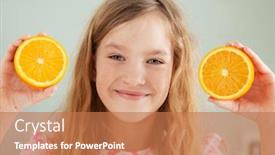  Presentation with orange fruit - Amazing PPT theme having cheerful-girl-with-orange backdrop and a coral colored foreground