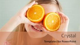  Presentation with orange fruit - Beautiful presentation theme featuring cheerful-girl-with-orange backdrop and a coral colored foreground