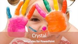  Presentation with cheerful - Slide set with cheerful girl with painted hands background and a coral colored foreground