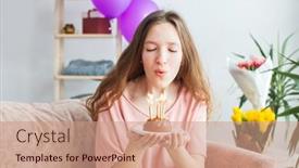  Presentation with happy birthday cake - Theme having cheerful-gorgeous-young-woman-blowing background and a coral colored foreground