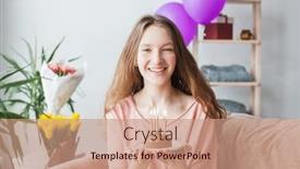  Presentation with happy birthday cake - Slides with cheerful-gorgeous-young-woman-looking background and a coral colored foreground