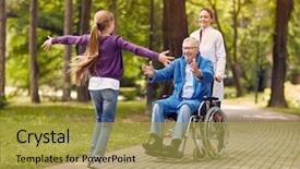  Presentation with cheerful - Audience pleasing PPT theme consisting of healthcare spending - cheerful grandchildren visiting senior disabled backdrop and a gold colored foreground