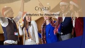  Presentation with year end - Beautiful PPT theme featuring cheerful-group-of-coworkers-celebrating backdrop and a coral colored foreground