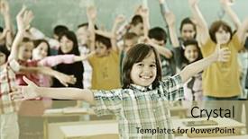  Presentation with activity - Colorful presentation enhanced with cheerful group of kids at school room having education activity backdrop and a mint green colored foreground