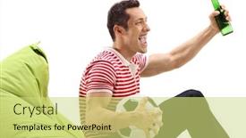  Presentation with beer bottle - Beautiful theme featuring cheerful guy with a football and a bottle of beer sitting on a beanbag isolated on white background backdrop and a yellow colored foreground