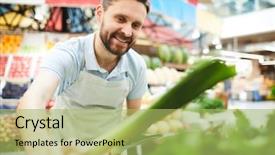  Presentation with new market - Cool new slides with cheerful handsome male grocer backdrop and a  colored foreground