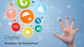  Presentation with happy holiday - Colorful PPT theme enhanced with cheerful happy smiling fingers with colorful holiday travel bubble icons backdrop and a light blue colored foreground