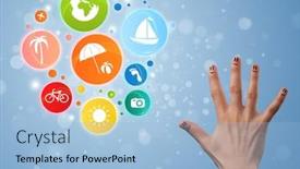  Presentation with bubble - Amazing presentation theme having cheerful happy smiling fingers with colorful holiday travel bubble icons backdrop and a light blue colored foreground