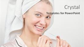  Presentation with dental floss - PPT theme with cheerful-healthy-young-woman background and a white colored foreground