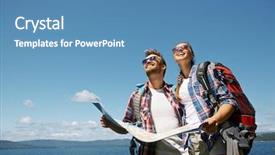  Presentation with upwards - Audience pleasing PPT layouts consisting of cheerful hikers with map looking upwards against blue sky backdrop and a teal colored foreground