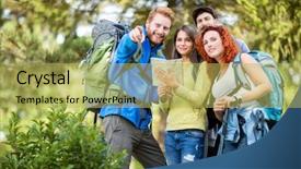  Presentation with show - Colorful slide set enhanced with cheerful hiking group show with finger destination in nature backdrop and a yellow colored foreground