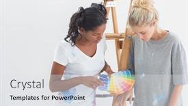  Presentation with new home - Colorful slide set enhanced with cheerful-housemates-choosing-color backdrop and a light gray colored foreground