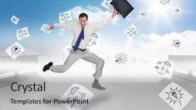  Presentation with suitcase - Presentation having cheerful jumping businessman with his suitcase against cityscape on the horizon background and a light gray colored foreground