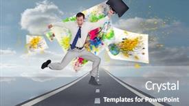  Presentation with reflecting - Presentation design featuring cheerful jumping businessman with his suitcase against road over water reflecting sky background and a gray colored foreground