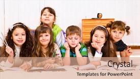  Presentation with kids reading books - PPT theme featuring cheerful kids crowd reading books background and a coral colored foreground