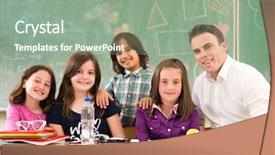  Presentation with school-kids - Amazing presentation theme having cheerful kids learning in school with their teacher backdrop and a seafoam green colored foreground