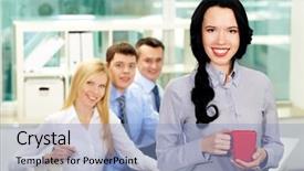  Presentation with lady - Amazing presentation theme having cheerful lady holding a cup during coffee break her colleagues smiling from behind her back backdrop and a light blue colored foreground