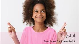  Presentation with good luck - Slides enhanced with cheerful little african girl wearing pink blouse standing isolated over white background holding fingers crossed for good luck background and a lemonade colored foreground
