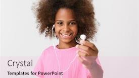  Presentation with african music - Slide deck consisting of cheerful little african girl wearing pink blouse standing isolated over white background listening to music with earphones background and a lemonade colored foreground