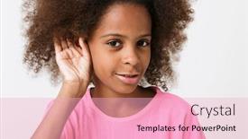  Presentation with hear - Beautiful theme featuring cheerful little african girl wearing pink blouse standing isolated over white background trying to hear backdrop and a lemonade colored foreground