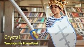  Presentation with sword shield - PPT theme consisting of cheerful-little-boy-posing background and a tawny brown colored foreground