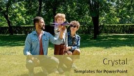 Presentation with standing sitting - Amazing PPT theme having cheerful-little-boy-with-toy backdrop and a yellow colored foreground