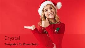  Presentation with girl christmas - Audience pleasing presentation consisting of cheerful little girl wearing christmas costume standing isolated over red background presenting copy space backdrop and a crimson colored foreground