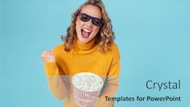  Presentation with popcorn movie - Audience pleasing PPT theme consisting of cheerful-lovely-young-girl-wearing backdrop and a light blue colored foreground