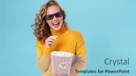  Presentation with movie popcorn - Cool new slide deck with cheerful-lovely-young-girl-wearing backdrop and a light blue colored foreground