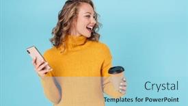  Presentation with takeaway coffee - PPT theme having cheerful-lovely-young-girl-wearing background and a light blue colored foreground