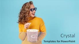  Presentation with popcorn movie - Slides enhanced with cheerful-lovely-young-girl-wearing background and a light blue colored foreground