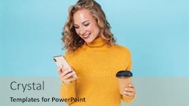  Presentation with takeaway coffee - Theme enhanced with cheerful-lovely-young-girl-wearing background and a gold colored foreground