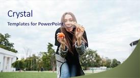  Presentation with dog park - Beautiful presentation featuring cheerful lovely young woman showing small ball and bone to her dog in park backdrop and a sky blue colored foreground