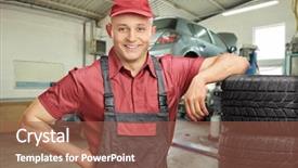  Presentation with garage car - PPT theme having cheerful male mechanic leaning on a stack of tires and posing in a garage with a car behind him background and a tawny brown colored foreground