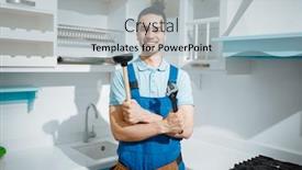  Presentation with plumber - Slide set having cheerful-male-plumber-holds-wrench background and a light blue colored foreground