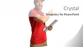  Presentation with cheerful - Presentation design having cheerful-male-shop-assistant-holding and a  colored foreground