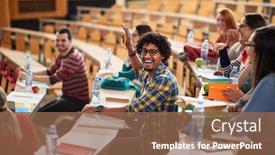  Presentation with amphitheater - Beautiful slide deck featuring cheerful-male-student-with-raised backdrop and a violet colored foreground