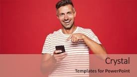  Presentation with man holding phone - Cool new presentation with cheerful man 30s in striped backdrop and a  colored foreground