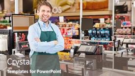  Presentation with cheerful - Colorful slides enhanced with cheerful-man-as-a-cashier backdrop and a gray colored foreground