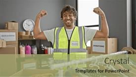  Presentation with cheerful - Presentation theme featuring cheerful-man-flexes-his-muscles and a mint green colored foreground