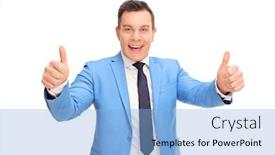  Presentation with fancy - Presentation theme enhanced with cheerful man in a fancy blue suit giving two thumbs up and looking at the camera isolated on white background background and a light blue colored foreground
