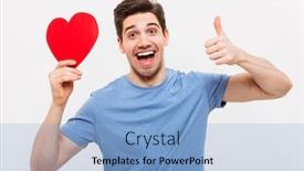  Presentation with cutout paper people standing around globe holding hands - Colorful PPT theme enhanced with cheerful man in t-shirt holding paper heart and showing thumb up while looking at the camera over grey background backdrop and a light blue colored foreground