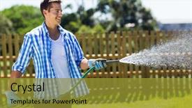  Presentation with home garden - Presentation design consisting of cheerful man watering home garden background and a gold colored foreground